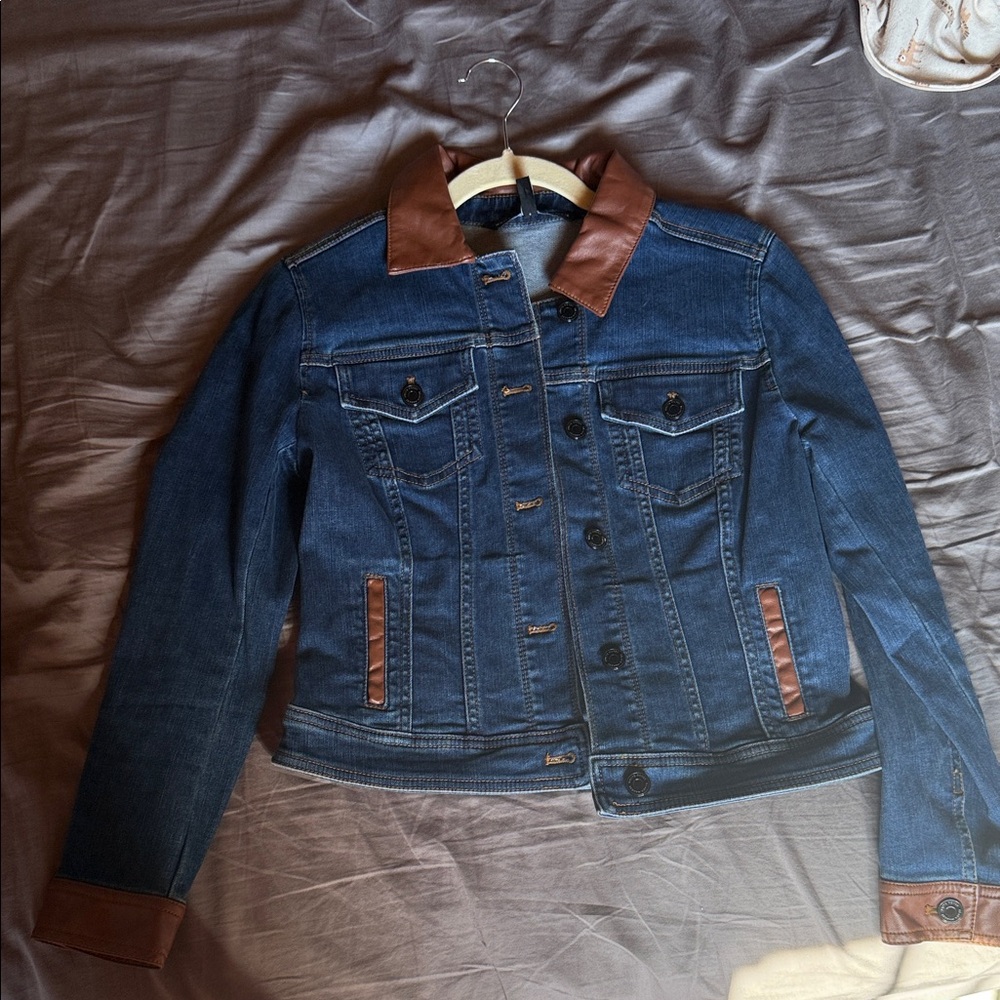 White House Black Market Denim Jacket with Brown Leather Accents